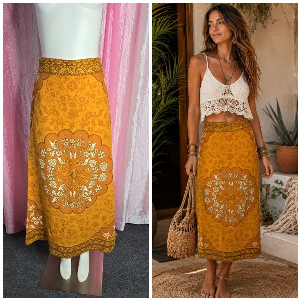 Rachel Zoe Bohemian Linen Gold Floral Mandela Print Maxi Skirt Size Medium